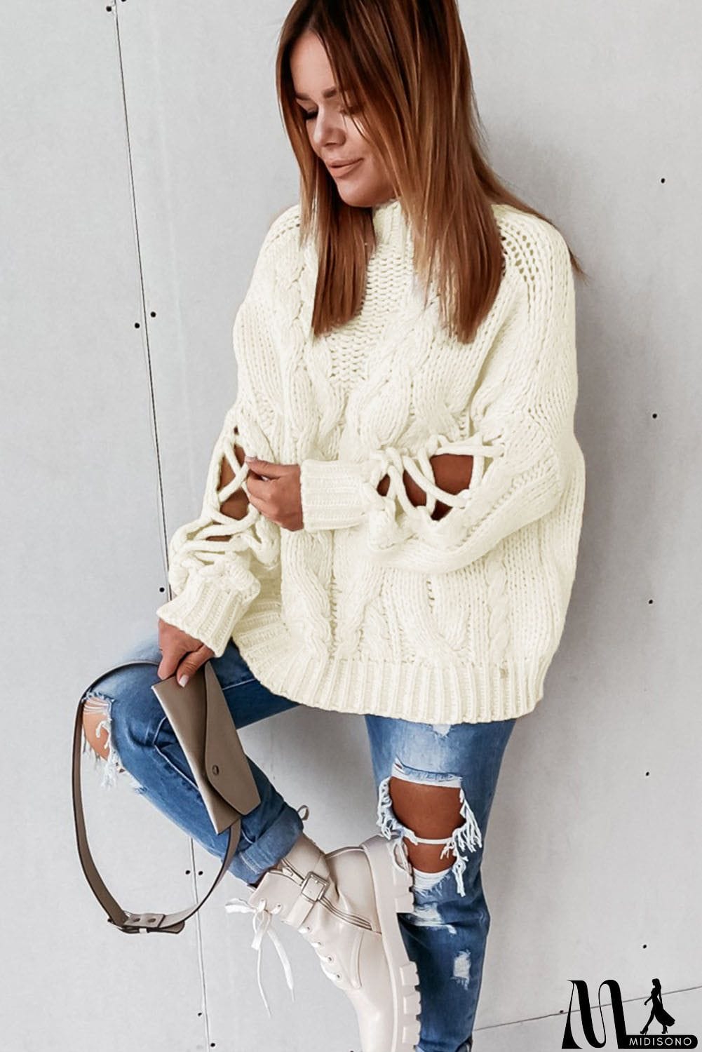 MidiSono - High Neck Cable Knit Hollow-out Sleeves Sweater