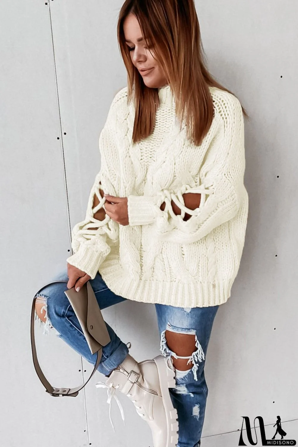 MidiSono - High Neck Cable Knit Hollow-out Sleeves Sweater