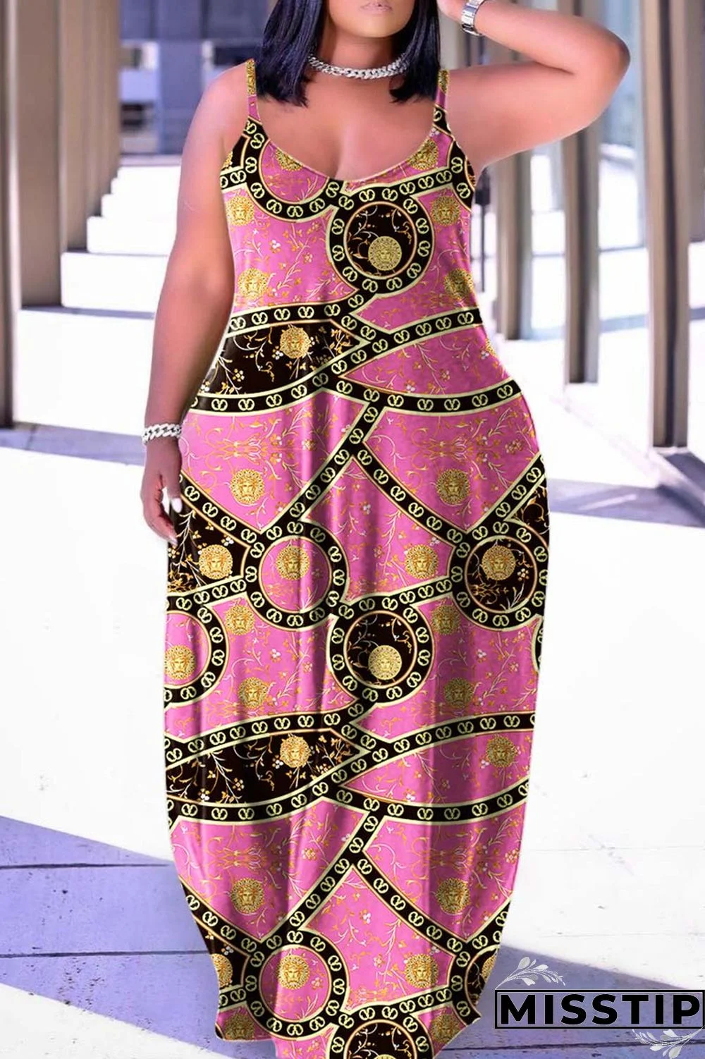 Pink Sexy Casual Print Backless Spaghetti Strap Long Dress Dresses