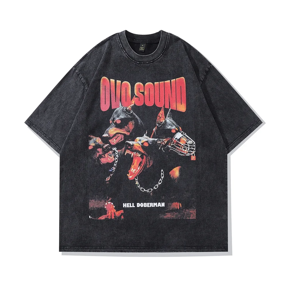 Loveciss®/ Washed Oversized Men Gothic T-Shirts Hip Hop Streetwear Doberman Dog T-Shirts