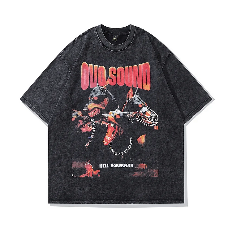 Washed Oversized Men Gothic T-Shirts Hip Hop Streetwear Doberman Dog T-Shirts