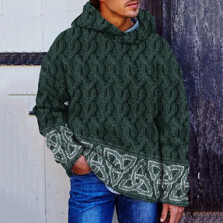 Men's Irish Celtic Jacquard Knit Vintage Hooded Sweater