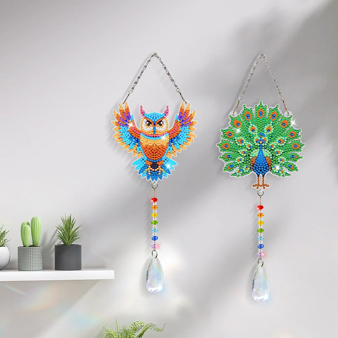 2Pcs Owl Peacock DIY Double-Sided Diamond Painting Hanging Kits Diamond Painting Suncatcher Craft Kit for Home Garden Wall Decor Gift
