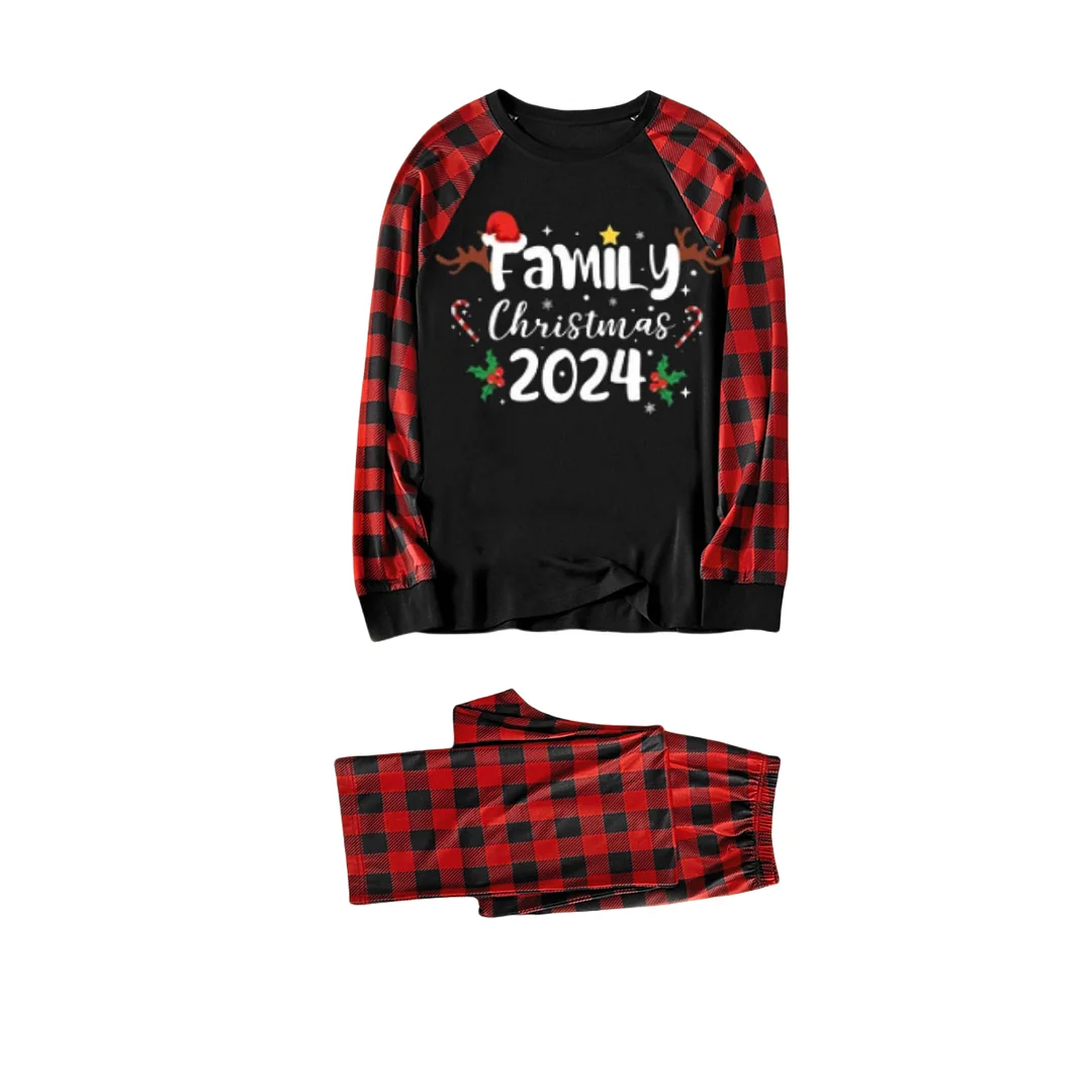 Christmas Pattern and "2024 Family Christmas" Text Print Black & Red Plaid Christmas Matching Pajamas