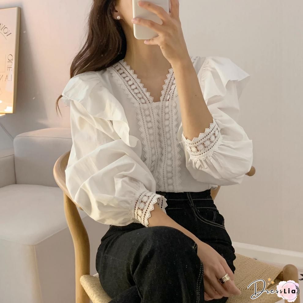 Womens Long sleeve shirt chiffon blouse ruffle neck irregular streetwear casual loose