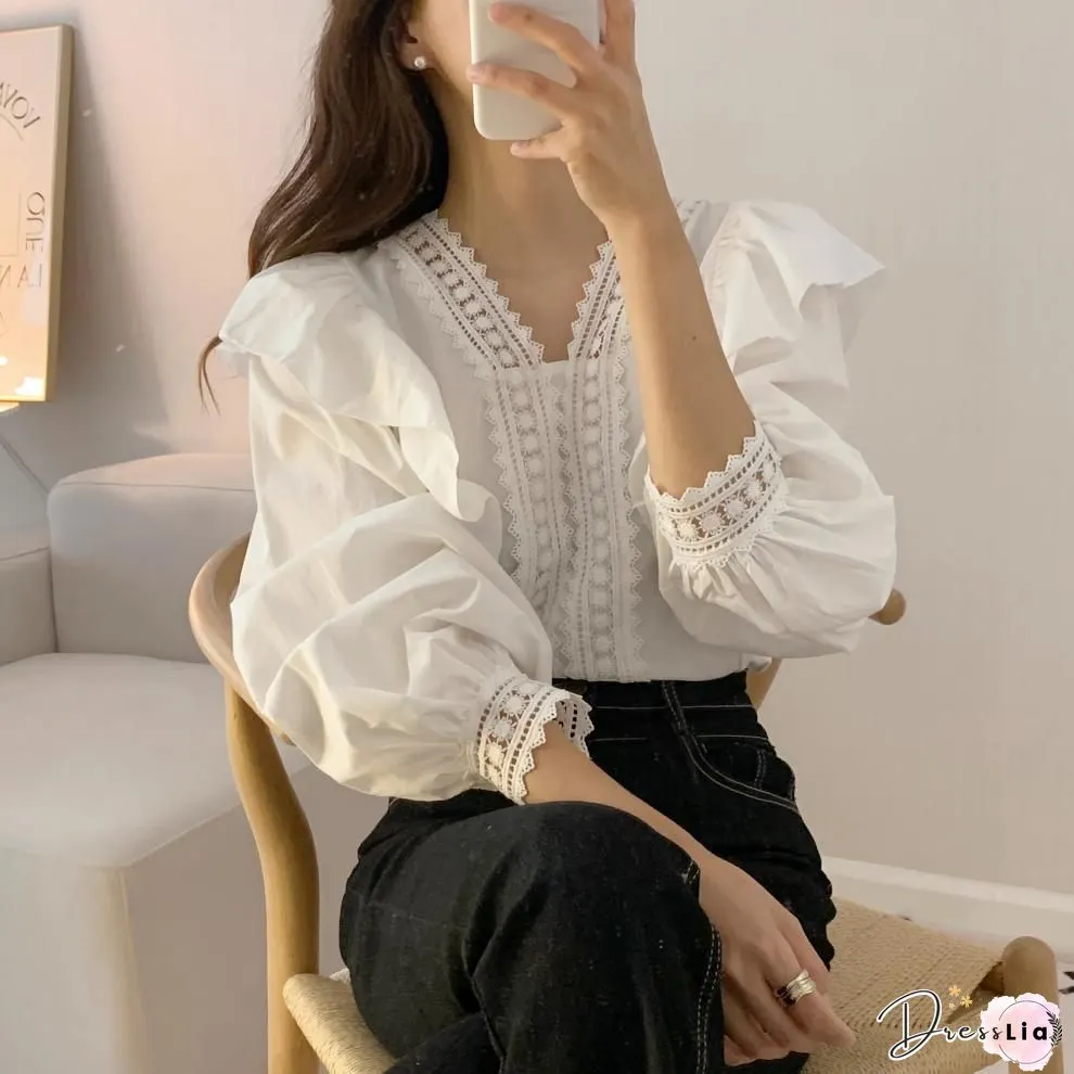 Womens Long sleeve shirt chiffon blouse ruffle neck irregular streetwear casual loose