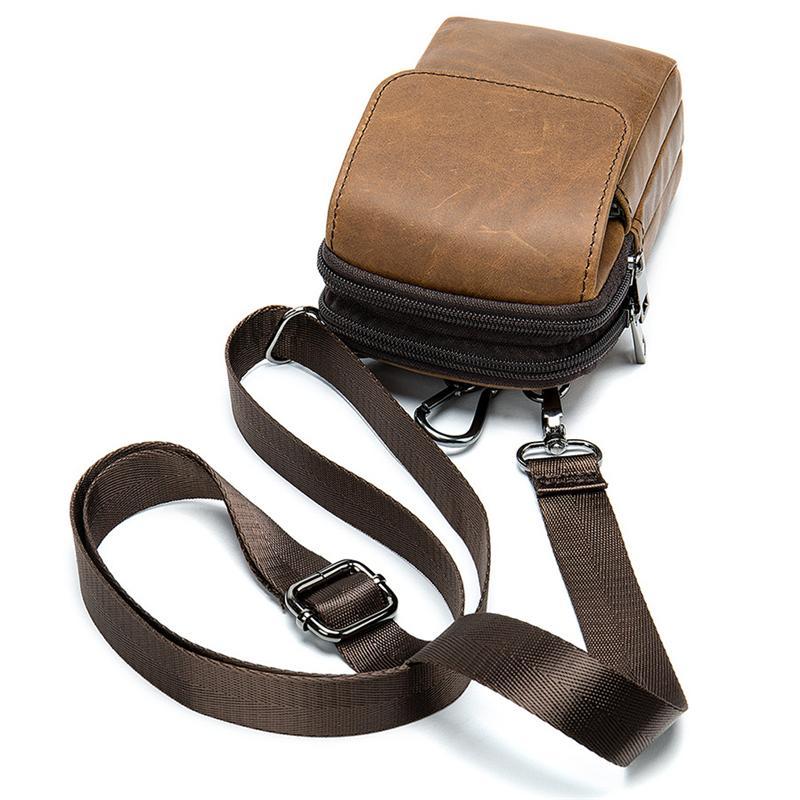 Men's Casual Cowhide Leather Double Zippers Crossbody Packs Waist Bag