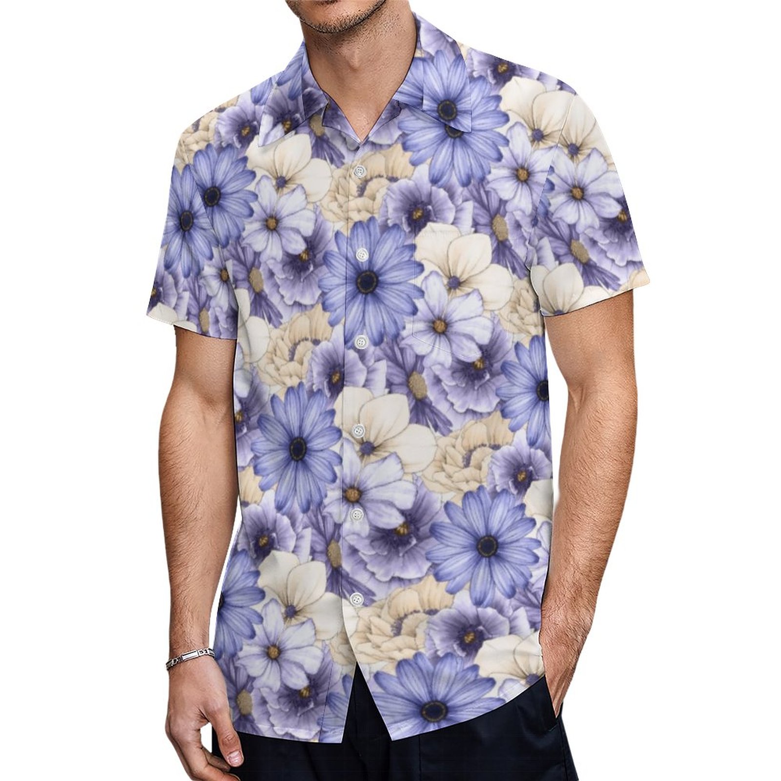 Elegant Florals Pattern Purple Lilac Cream Hawaiian Shirt Mens Button Down Tropical Hawaii Beach Shirts