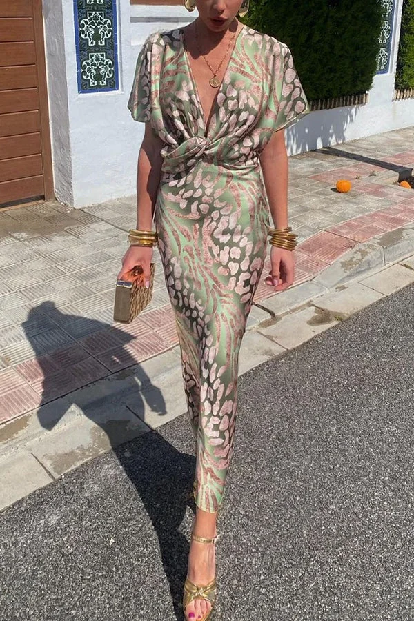 Unique Print V-Neck Long Sleeve Irregular Ruffle Maxi Dress main image 1