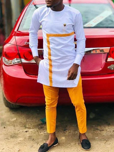 Men's casual white and yellow printed long sleeve two-piece set
