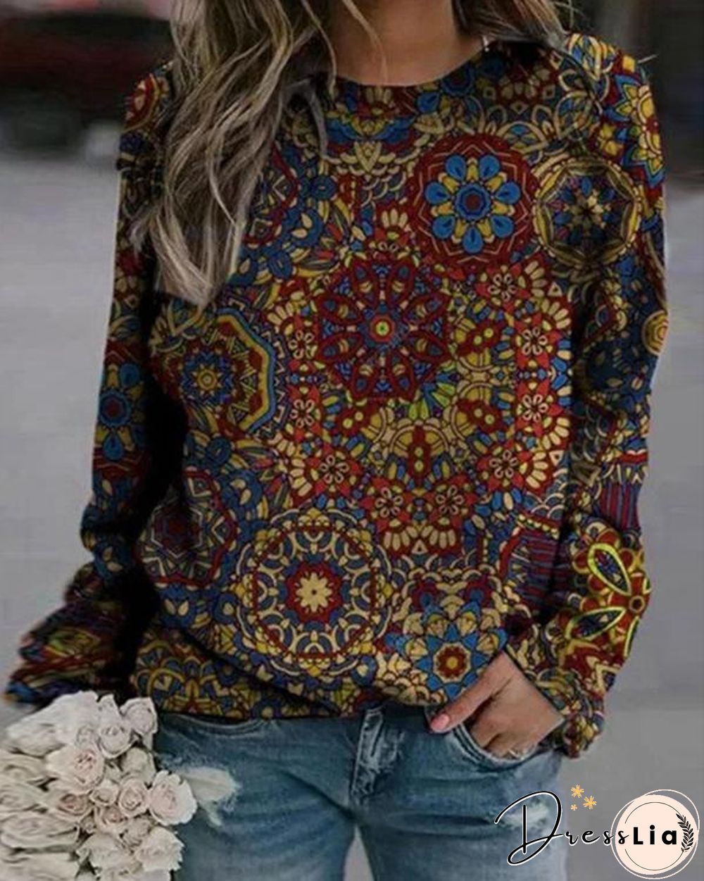 Round Neckline Vintage Print Casual Loose Regular Sweatshirt