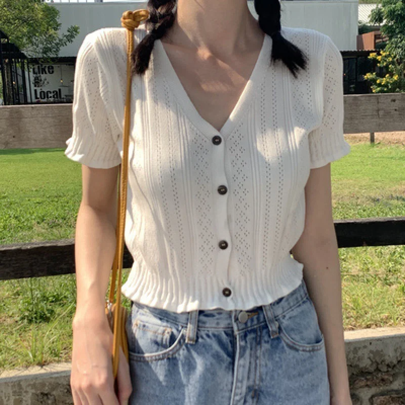 Ueong V-Neck Short-Style Knitted Cardigan Female Ins Super Hot New Korean Version Of Summer Sunscreen Shirt Short-Sleeved Woman