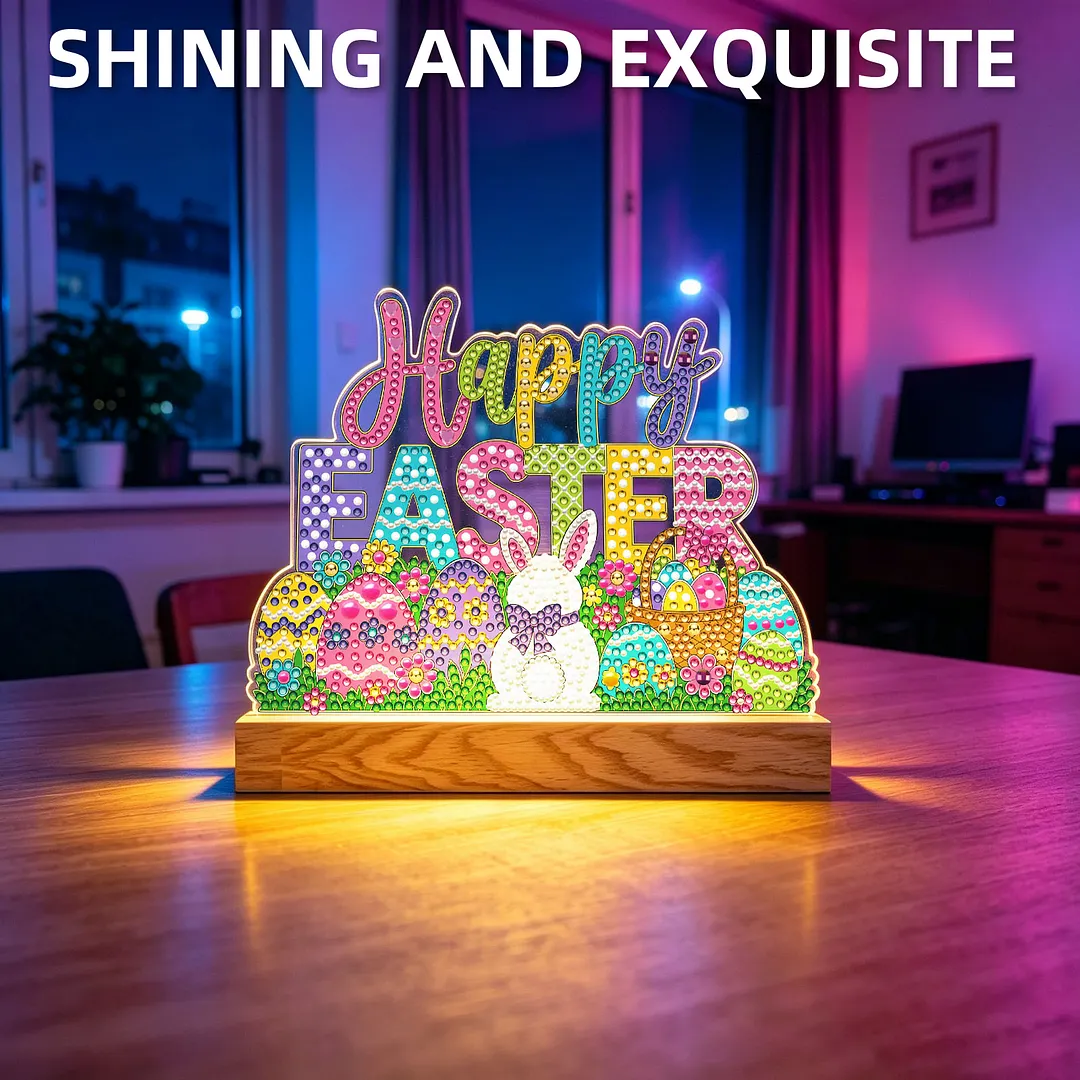 Easter DIY Acrylic Diamond Painting Night Light for Adults Beginner Diamond Art Table Lamp with Wooden Base for Woman Man Desk Bedroom Tabletop Decor