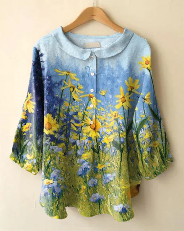 Vintage Floral Print Long Sleeve Peter Pan Collar Shirt
