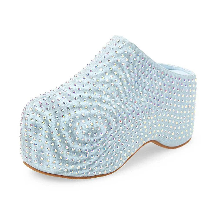 Crystal-Covered Light Blue Denim Platform Mules for Women |FSJ Shoes
