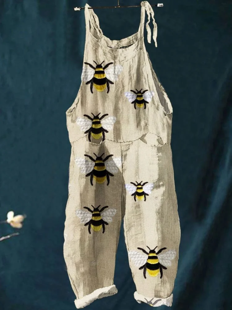 Women's   Bee   Art  Print Casual 100% Cotton Wide Leg Jumpsuit
