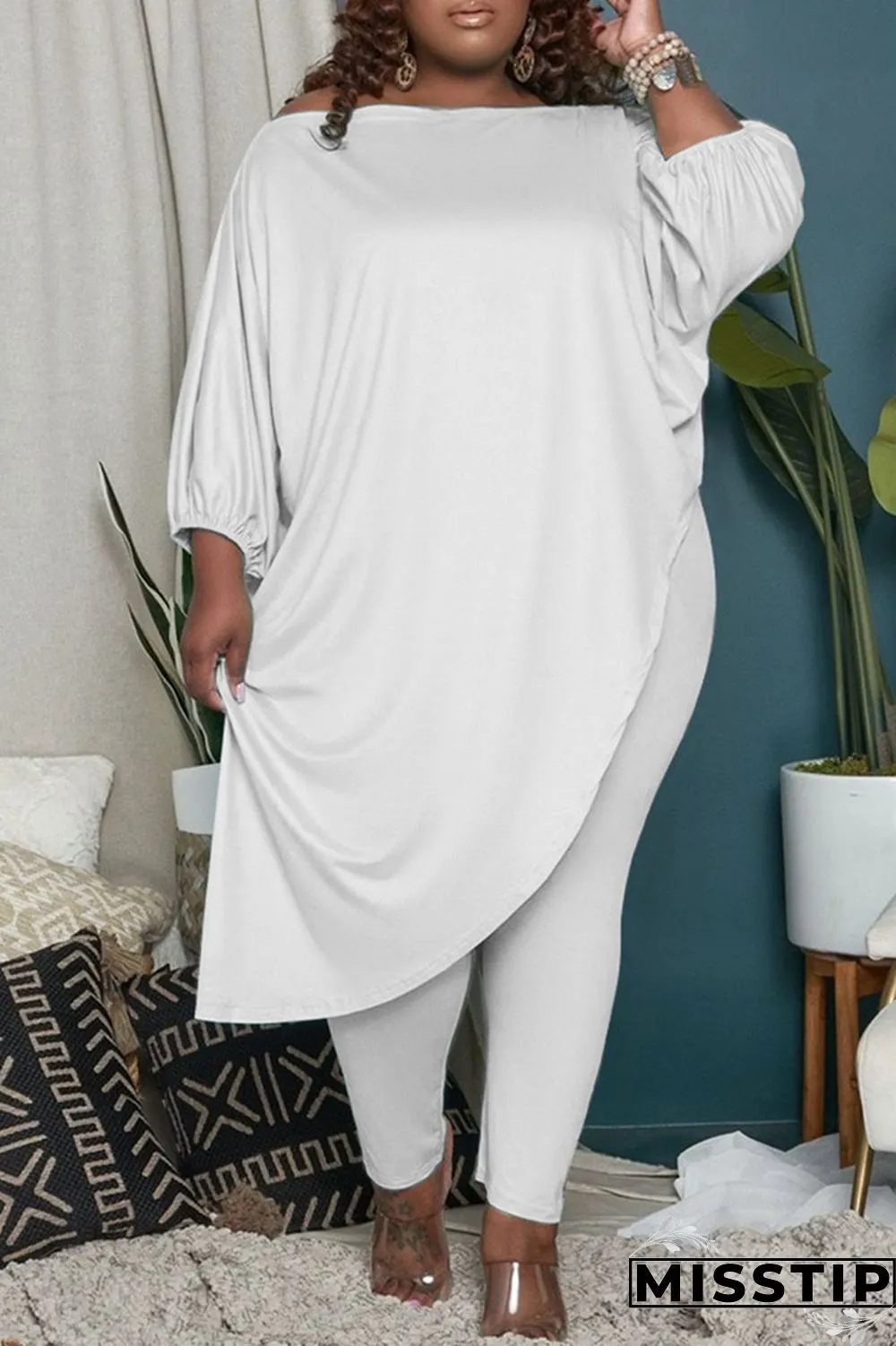 Green Fashion Casual Solid Asymmetrical Oblique Collar Plus Size Two Pieces