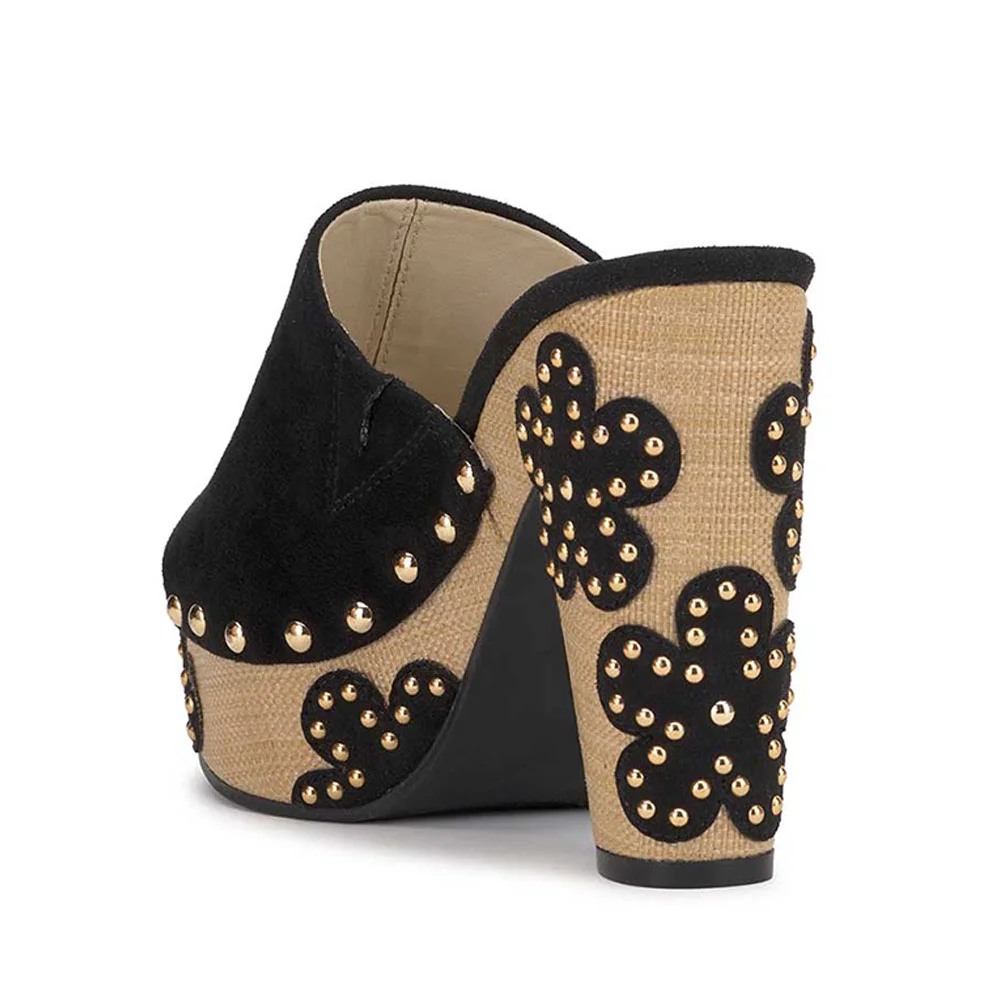 Black Open-Toe Chunky Heel Studded Flower Slides with Platform