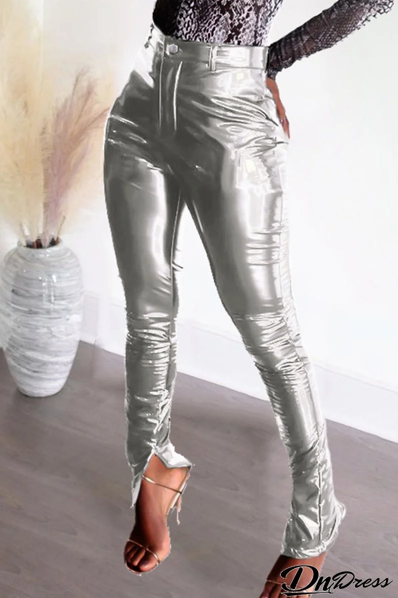 Fashion Casual Solid Slit Skinny Mid Waist Pencil Trousers