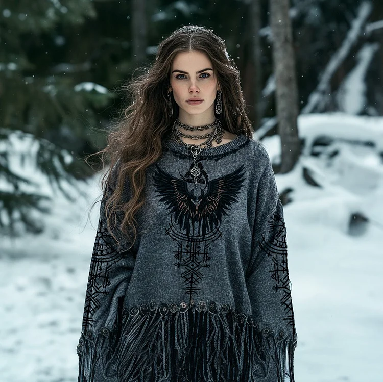 Women's Tribal Viking Runes Bird Graphics Embroidery Tassel Art Knit Sweater