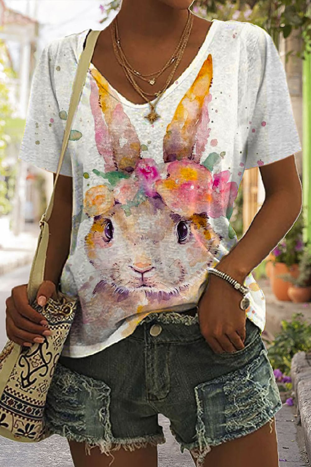 Bunny Rabbit Wearing Spring Flower Print Casual T-shirt