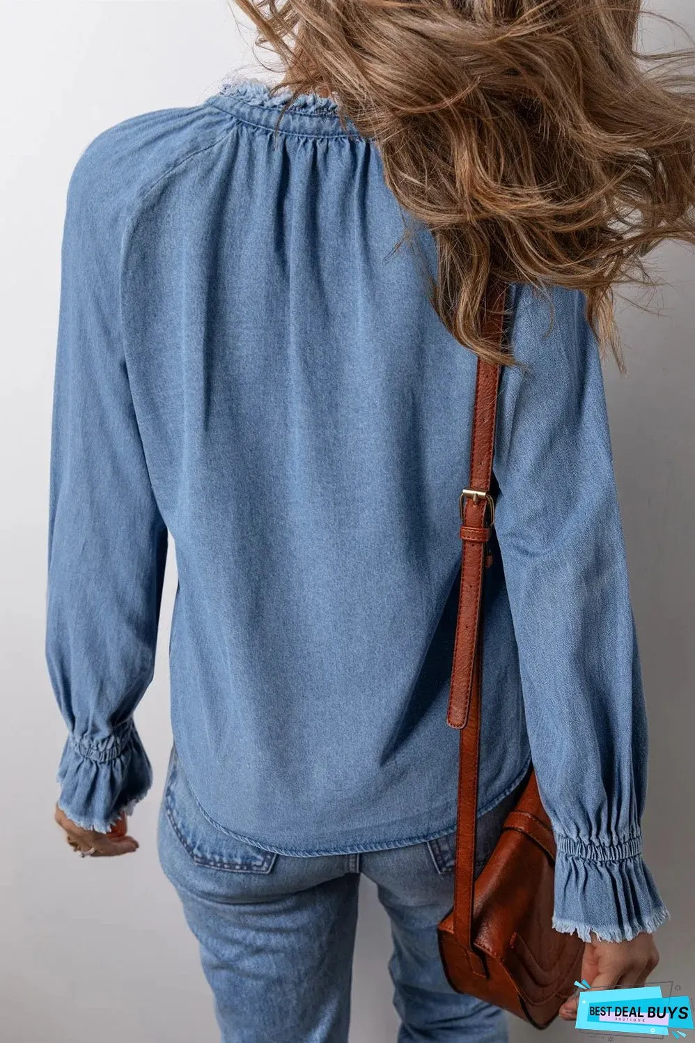 Sky Blue Frilled Raw Hem Half Buttoned Denim Top