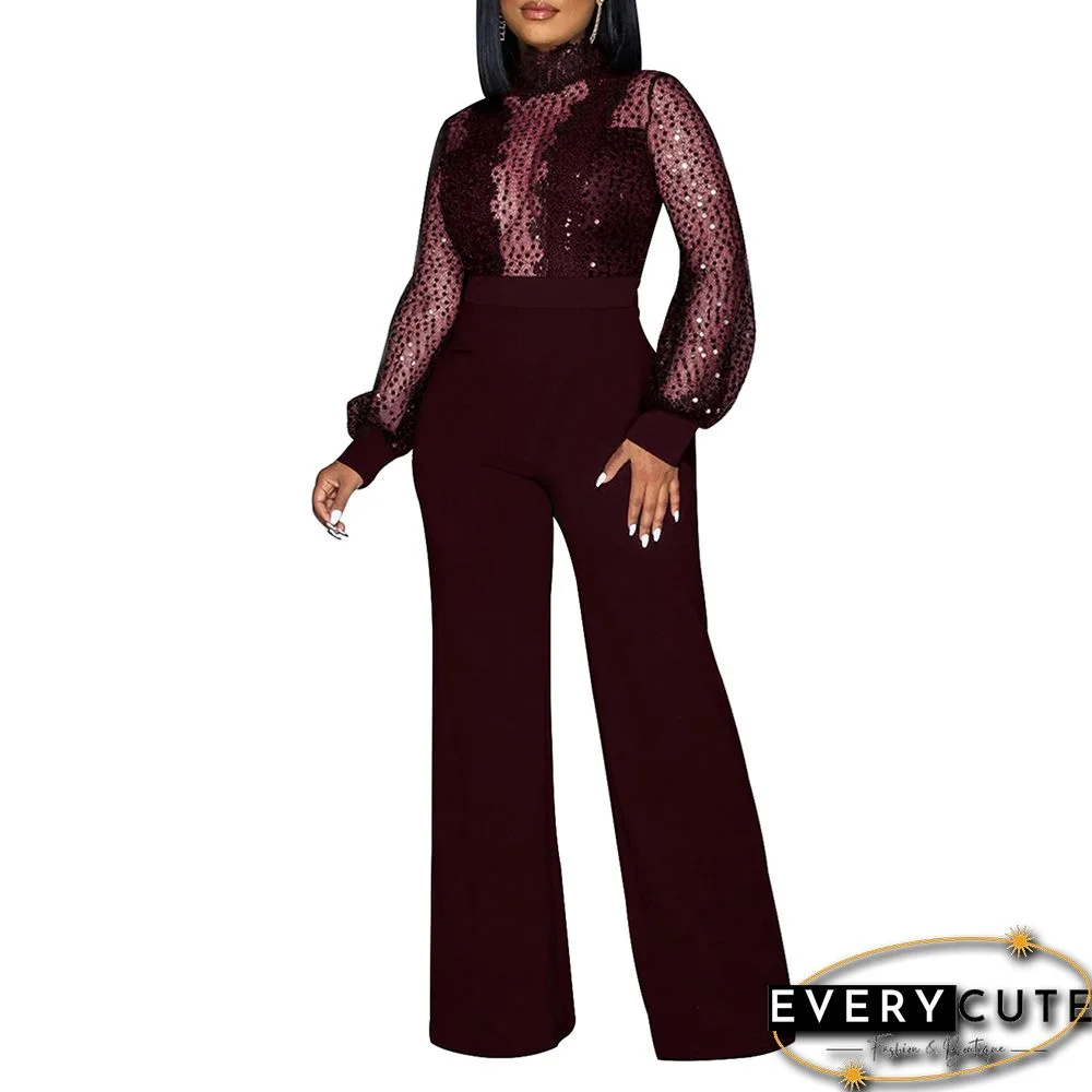 Burgundy Back Lace-up Long Sleeve Sequin Jumpsuit