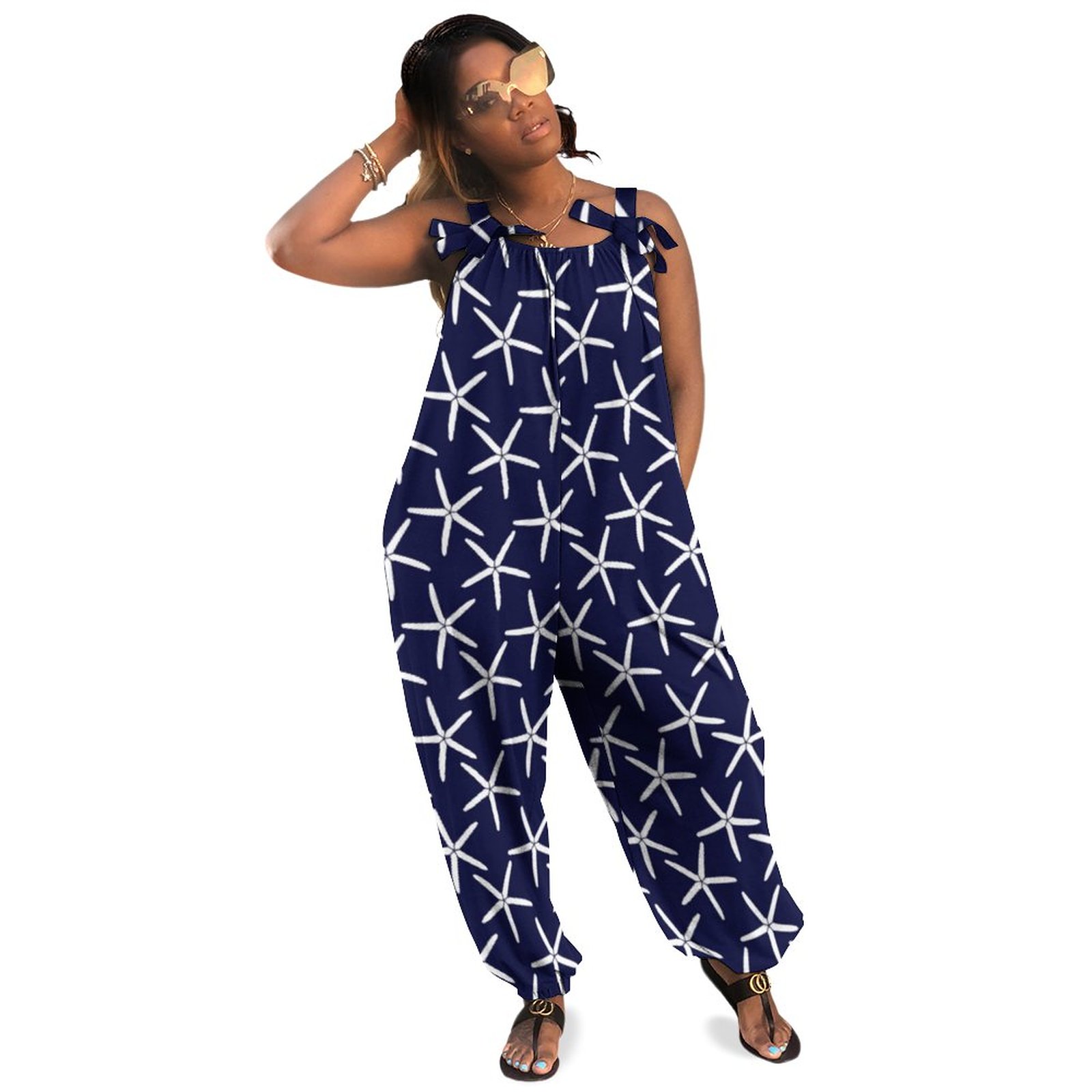 White Starfish On A Navy Blue Background Boho Vintage Loose Overall Corset Jumpsuit Without Top