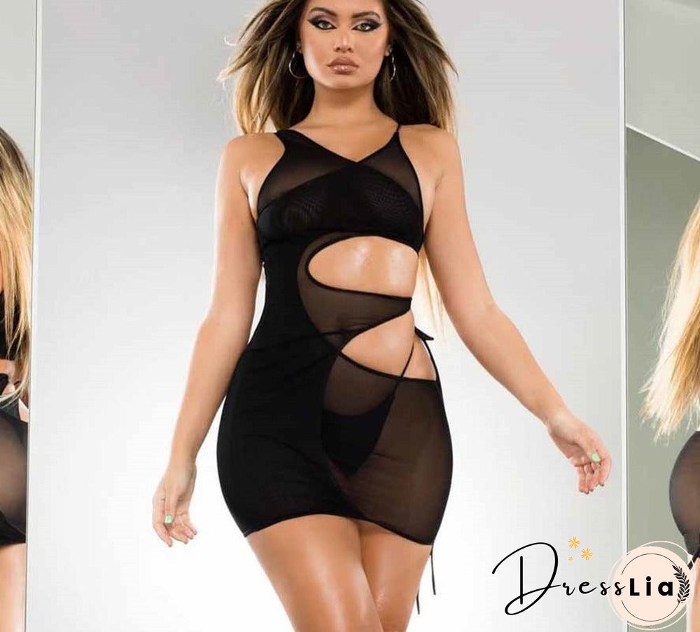 Cut Out Sheer Mesh Midnight Party Mini Dresses Summer Solid Transparent Slim Bodycon Dress Women Sleeveless Clubwear Hot