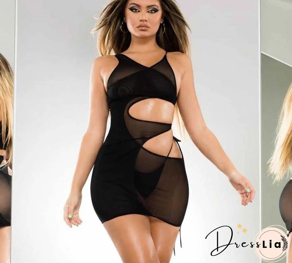 Cut Out Sheer Mesh Midnight Party Mini Dresses Summer Solid Transparent Slim Bodycon Dress Women Sleeveless Clubwear Hot