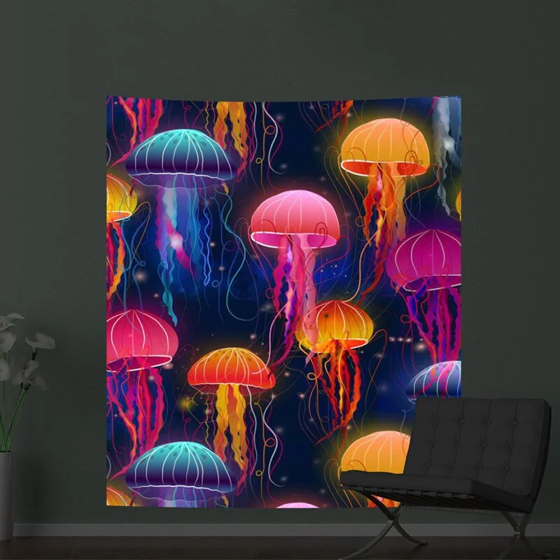 3m*1.8m Fluorescent Tapestry Psychedelic Mushroom Jellyfish Hanging Cloth Home Wall Decoration Glow Under Ultraviolet Light
