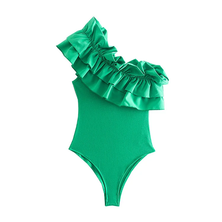 One Shoulder Ruffle Frilled Green One Piece Swimsuit Flaxmaker