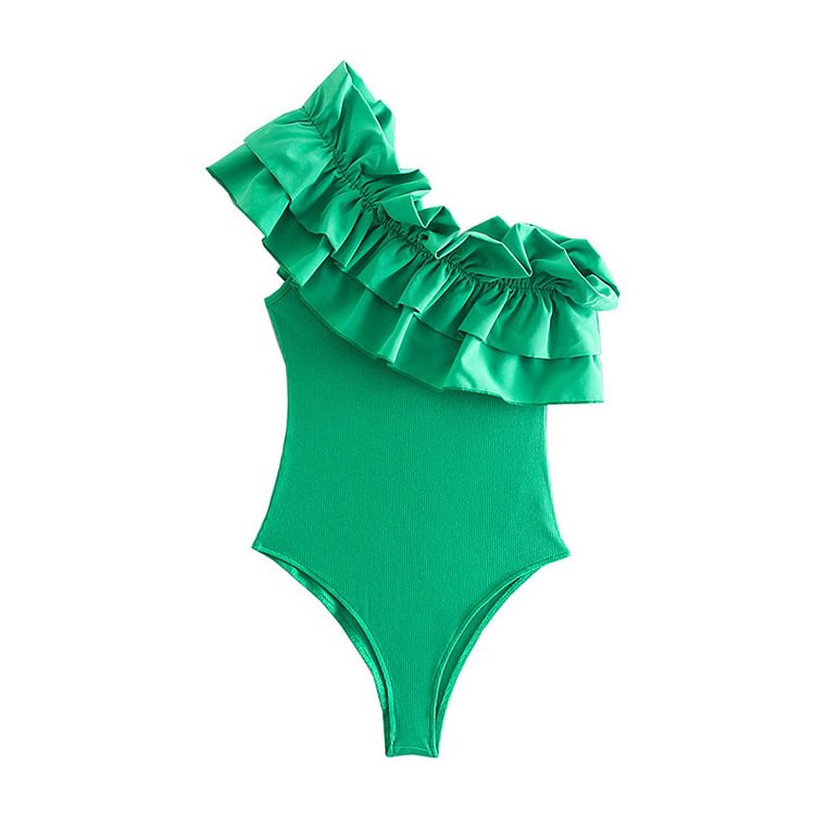 Flaxmaker One Shoulder Ruffle Frilled Green One Piece Swimsuit