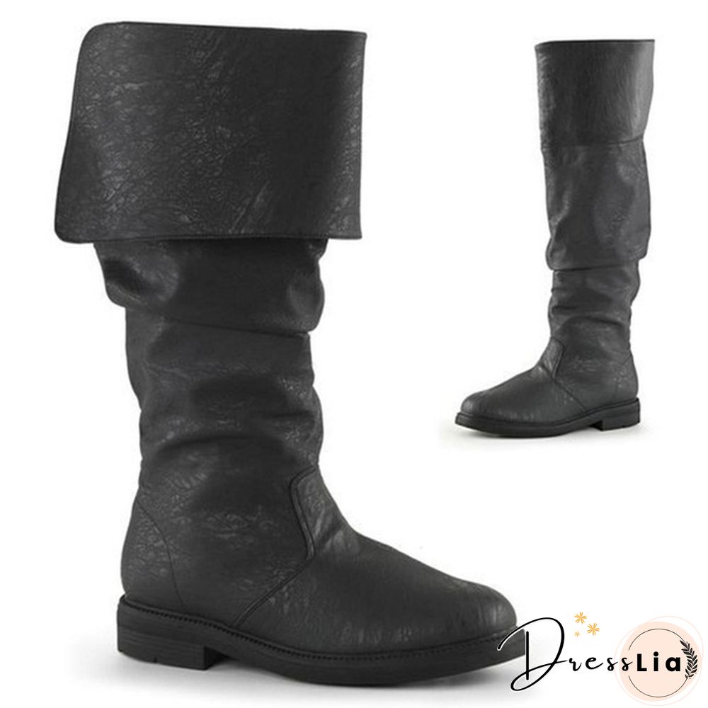 New Couple Boots Robin Hood Boots Men's Flat Heel Cuffed Knee High Renaissance Boots Medieval Black Brown Pu Shoes