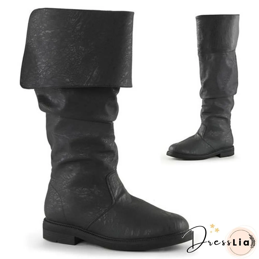 New Couple Boots Robin Hood Boots Men's Flat Heel Cuffed Knee High Renaissance Boots Medieval Black Brown Pu Shoes