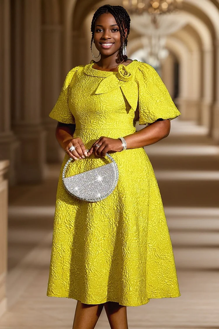 3D Flower Decor Short Sleeve Jacquard A-Line Midi Dresses-Yellow