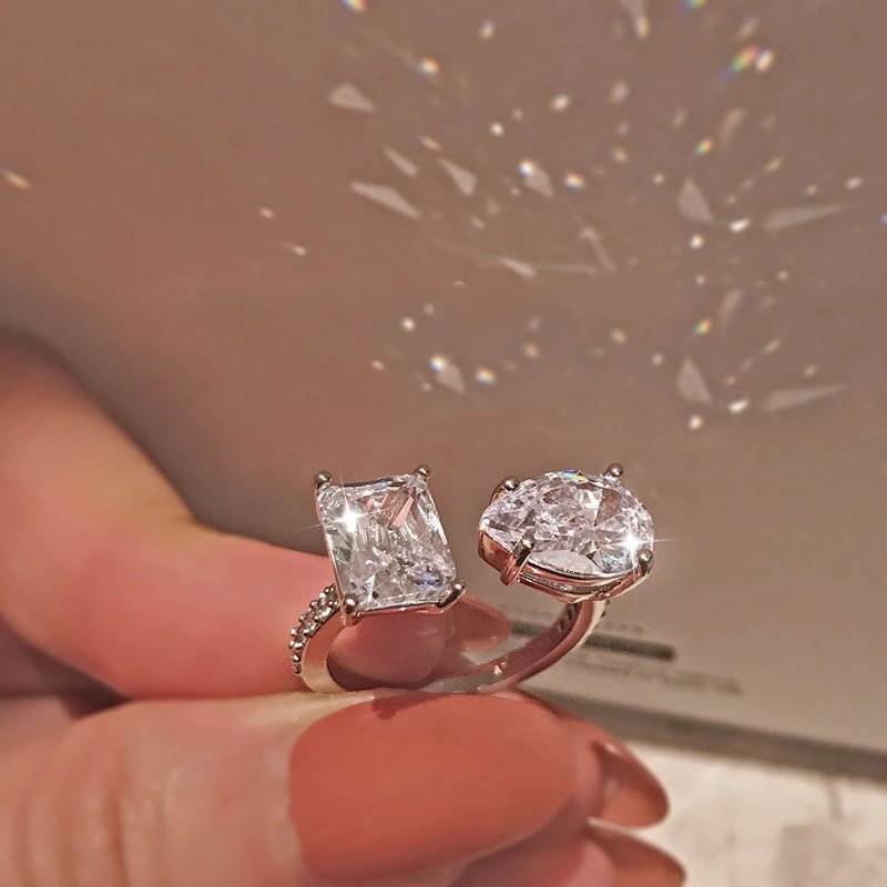 Bling Suare Oval Zircon Women's Silver Rings Prom Iced Out Jewelry-VESSFUL