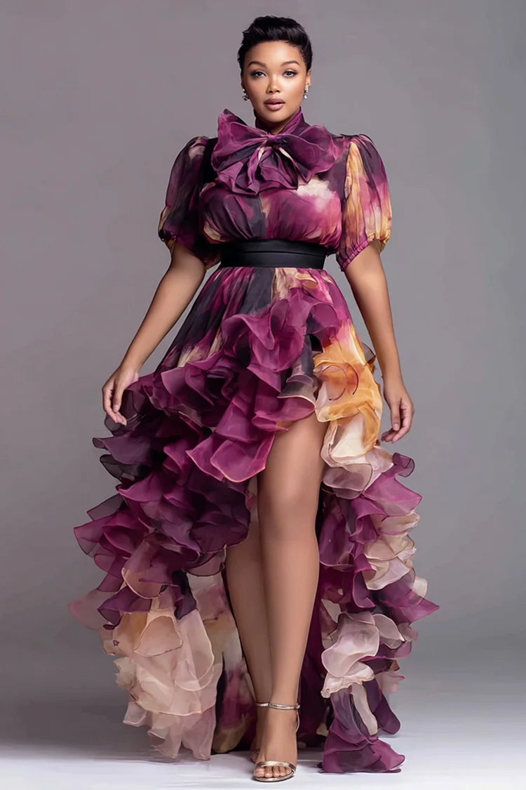 Xpluswear Design Plus Size Evening Gowns Burgundy Stand-Up Collar Short Sleeve Ruffle Split Chiffon Maxi Dresses [Pre-Order] 2024 - Xpluswear