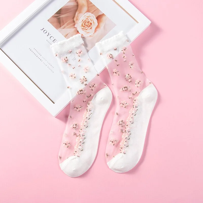 Summer Breathable Thin Silk Crystal Socks Women Transparent Lace Rose Flower Girls Elastic Fashion Socks Female Sox 1pair
