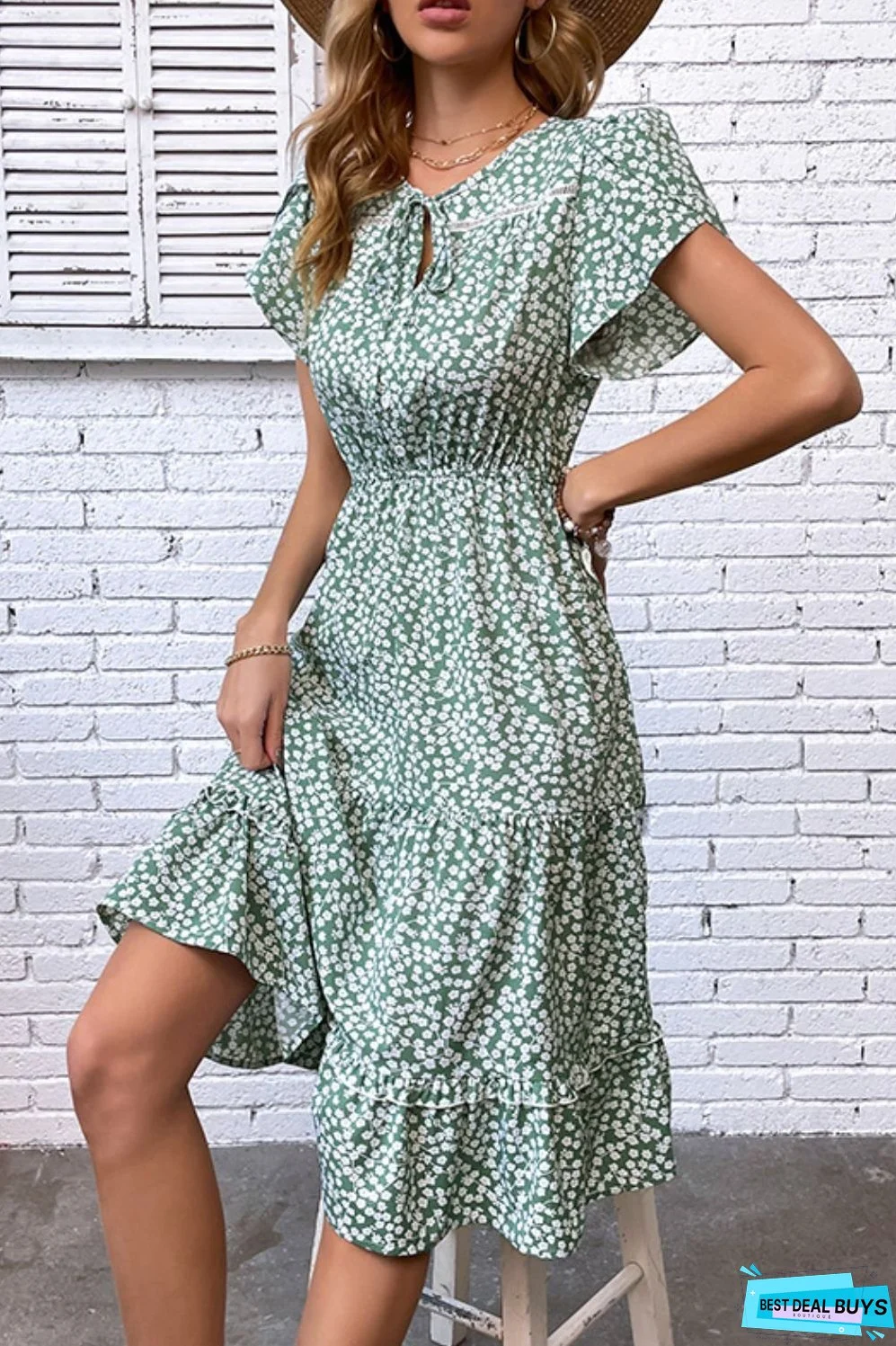 Floral Tie Neck Petal Sleeve Dress