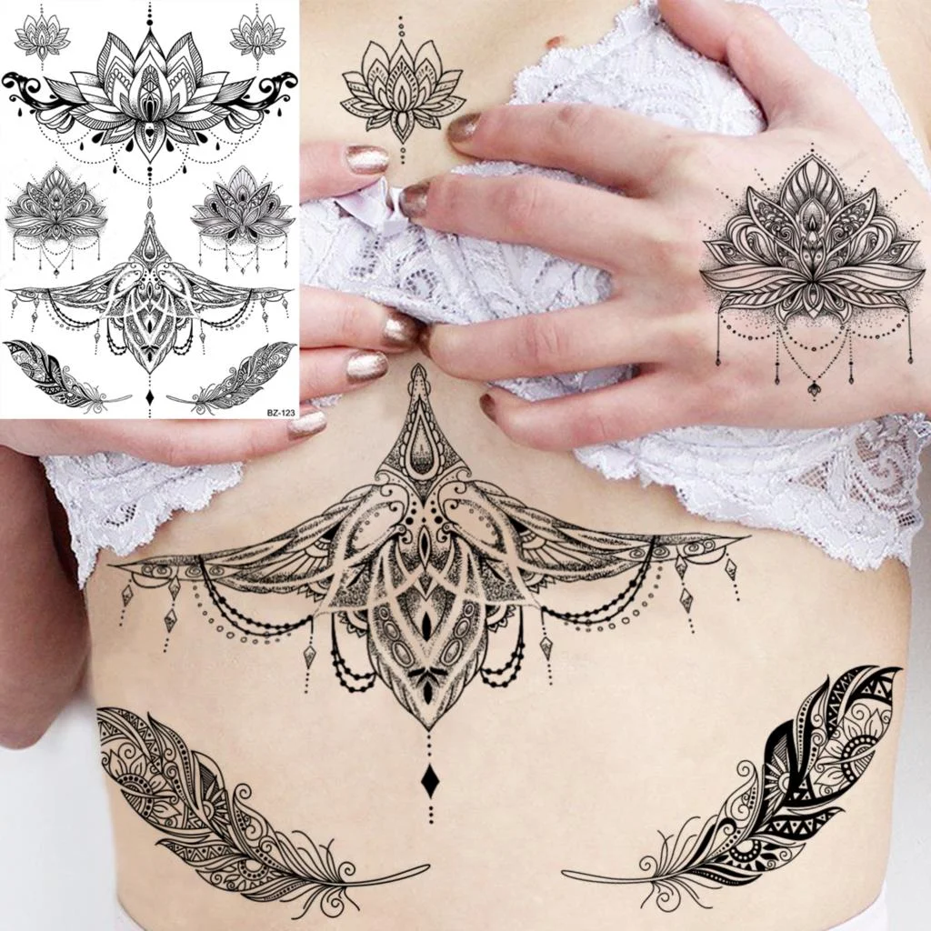 Sdrawing Large Rose FLower Temporary Tattoos For Women Adults Henna Skull Compass Snake Flower Fake Tattoo Sticker Leg Tatoos Thigh