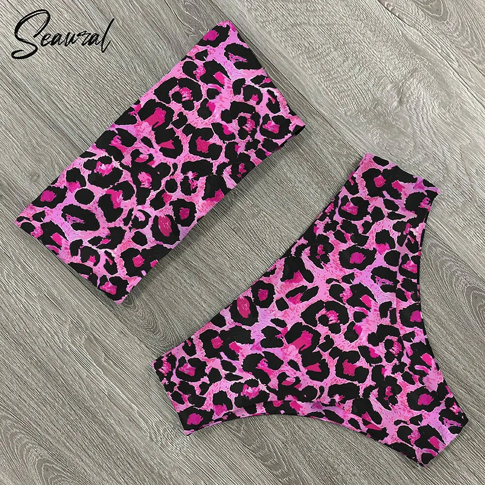 2020 New Sexy Low Hight Bikini Set Swimwear Women Bandeau Female Print Floral Strappy Swimsuit Bathing Suit Beach Wear Biquini