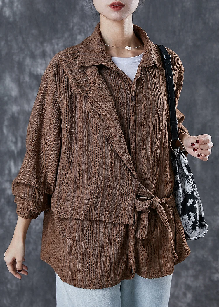 Brown Cotton Shirt Top Asymmetrical Lace Up Spring
