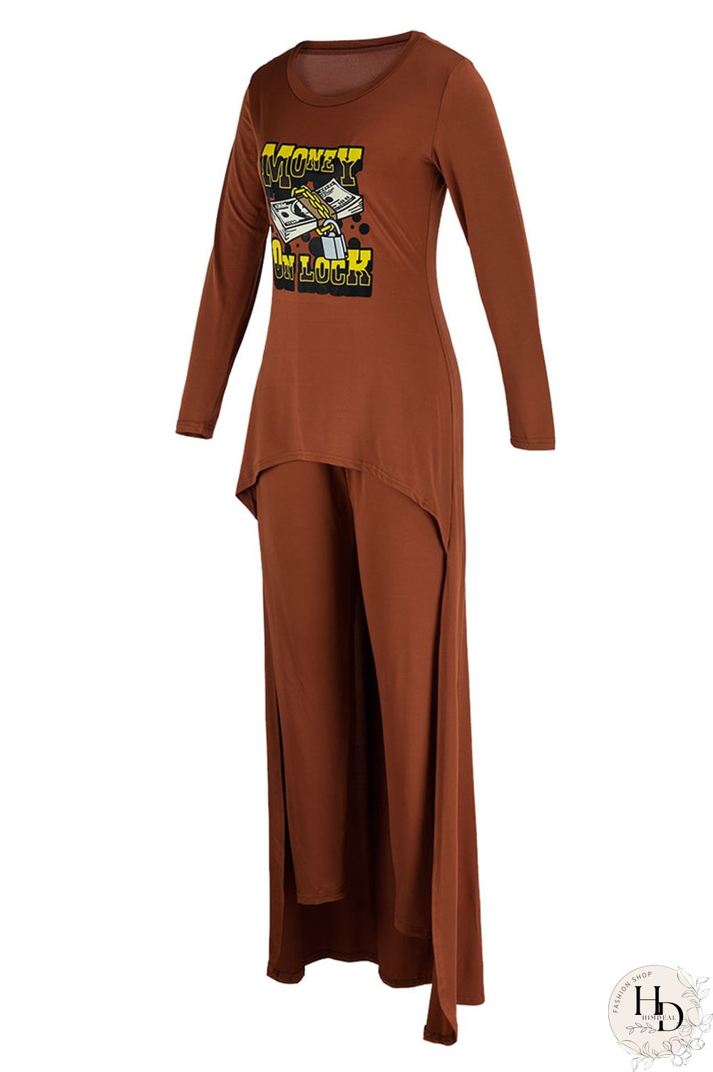 Deep Coffee Casual Print Patchwork O Neck Long Sleeve Two Pieces