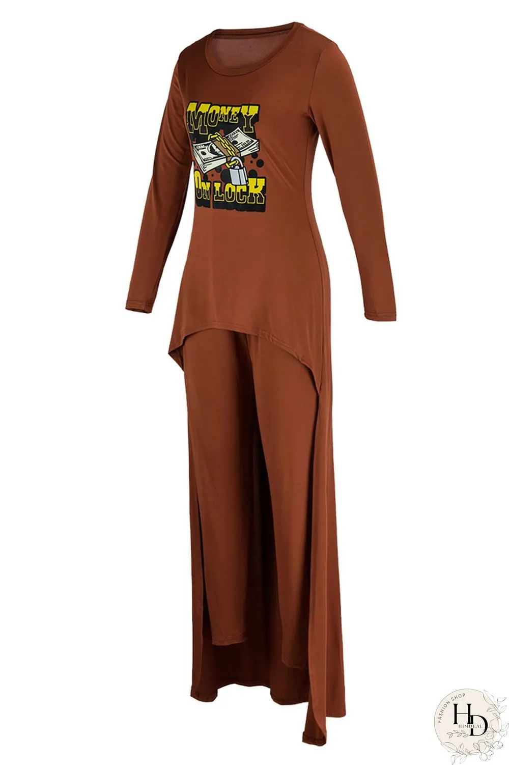 Deep Coffee Casual Print Patchwork O Neck Long Sleeve Two Pieces