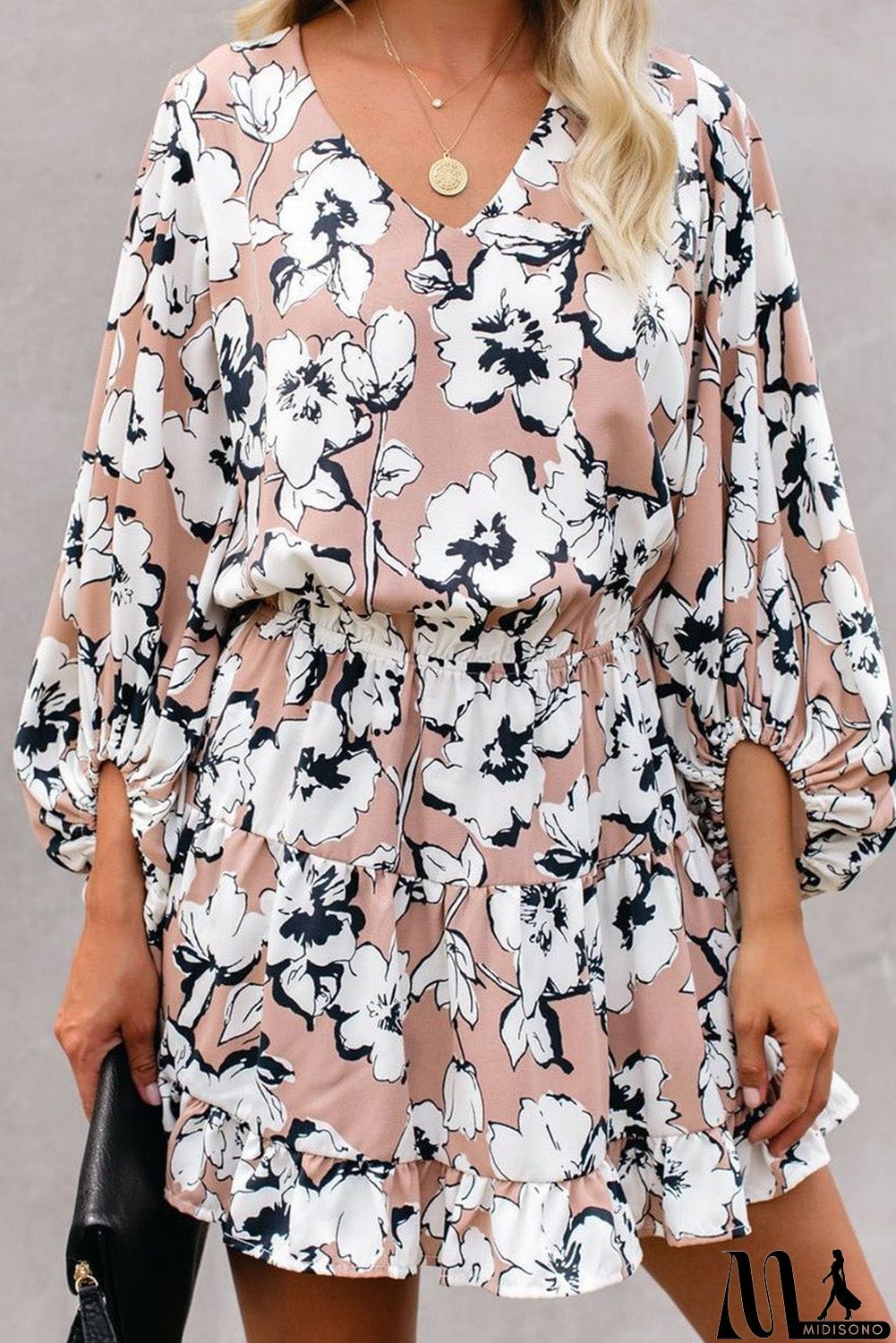MidiSono - V Neck Lantern Sleeves Floral Tunic Dress