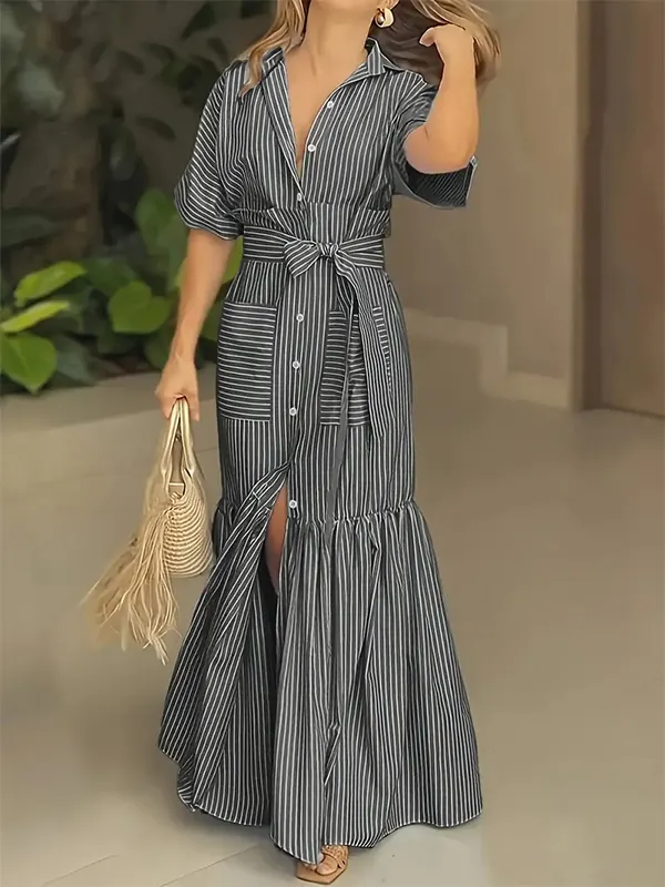Striped Short Sleeve Shirt Collar Bow Tie Belt Maxi Dress