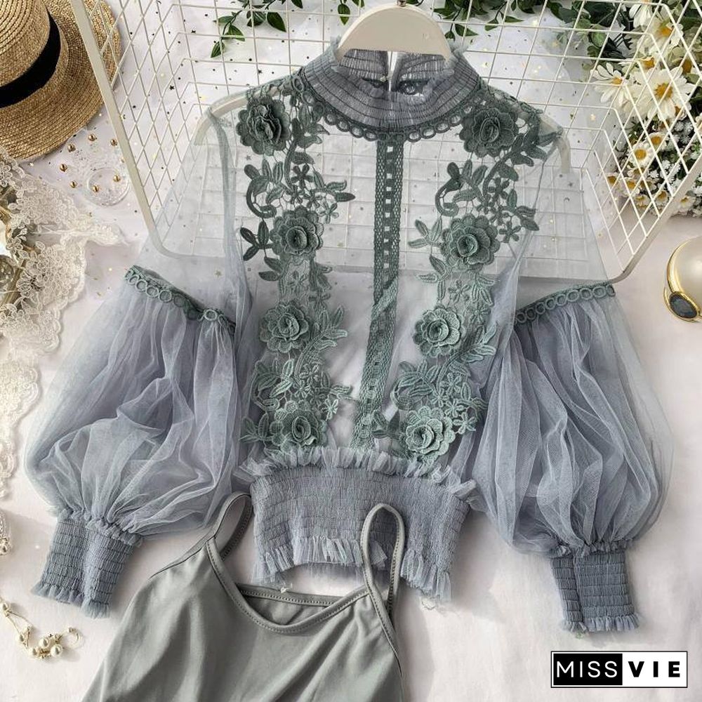 Spring Women Tops Fashion Sexy Sheer Lace Blouse Lantern Sleeve 3D Floral Blouses Shirts Elegant Top Blusas Femininas