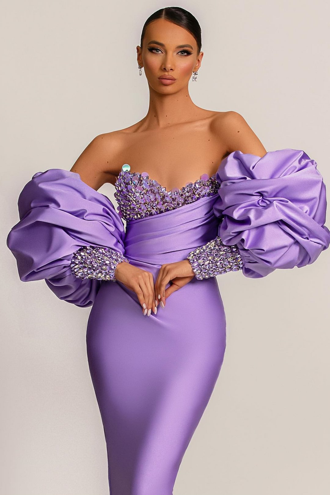 Daisda Purple Mermaid Prom Dress With Appliques Puff Sleeves