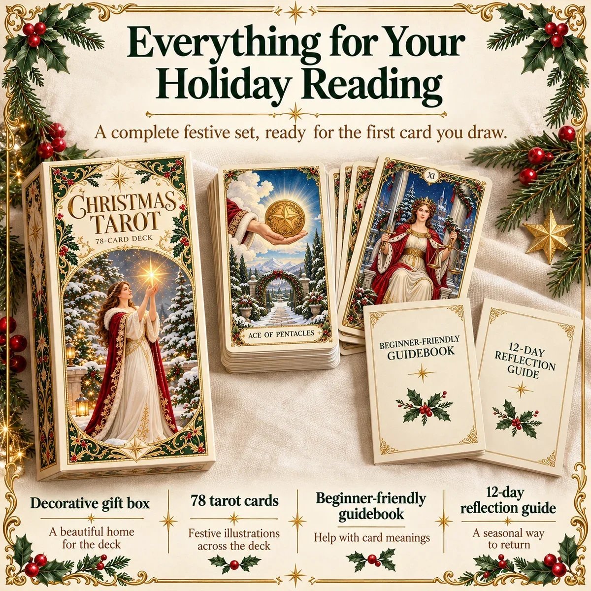 Complete Christmas Tarot set showing 78 cards, beginner-friendly guidebook, 12-day reflection guide, and decorative gift box
